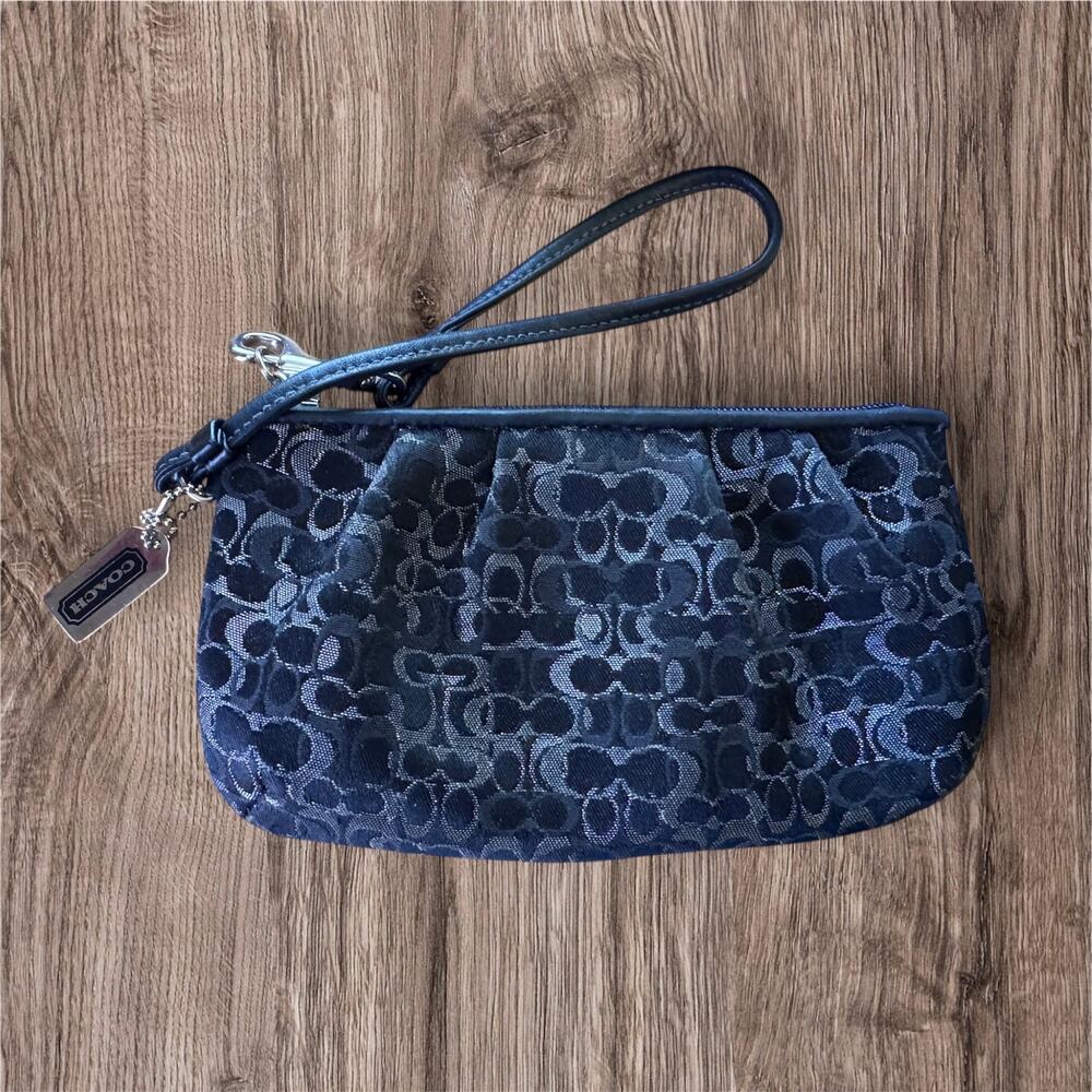 Coach Signature Lurex Monogram Black Silver C Canvas Wristlet Coin Purse